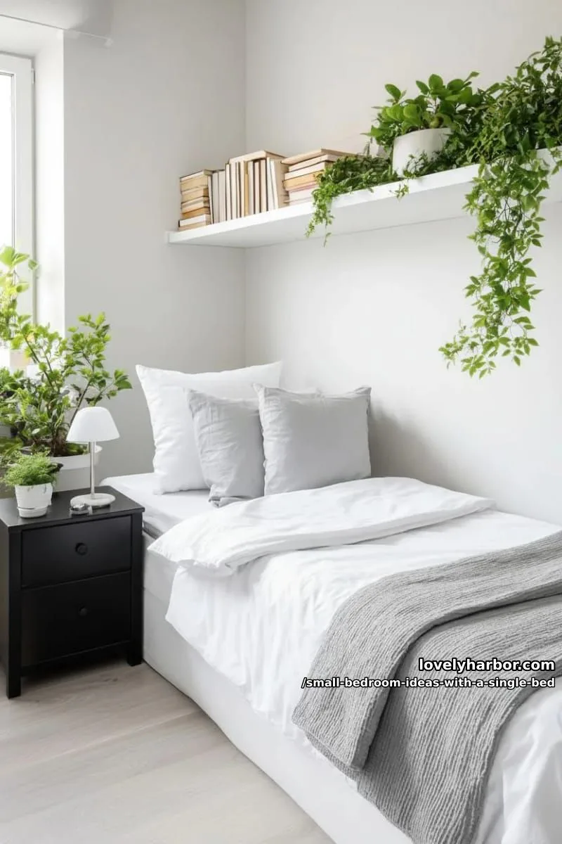 monochrome palette with a high shelf for books and trailing plants above bed. 1