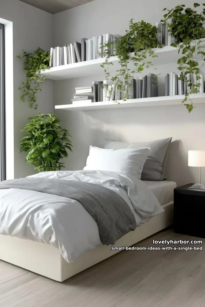 monochrome palette with a high shelf for books and trailing plants above bed. 1