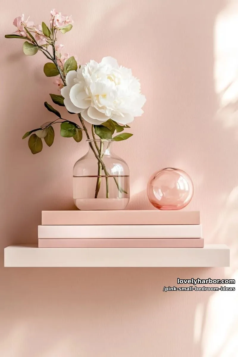 21 Pink Small Bedrooms Ideas You'll Love 45 monochrome pink book stack with glass décor atop a floating shelf 1