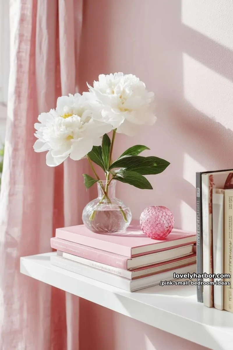 21 Pink Small Bedrooms Ideas You'll Love 46 monochrome pink book stack with glass décor atop a floating shelf 1