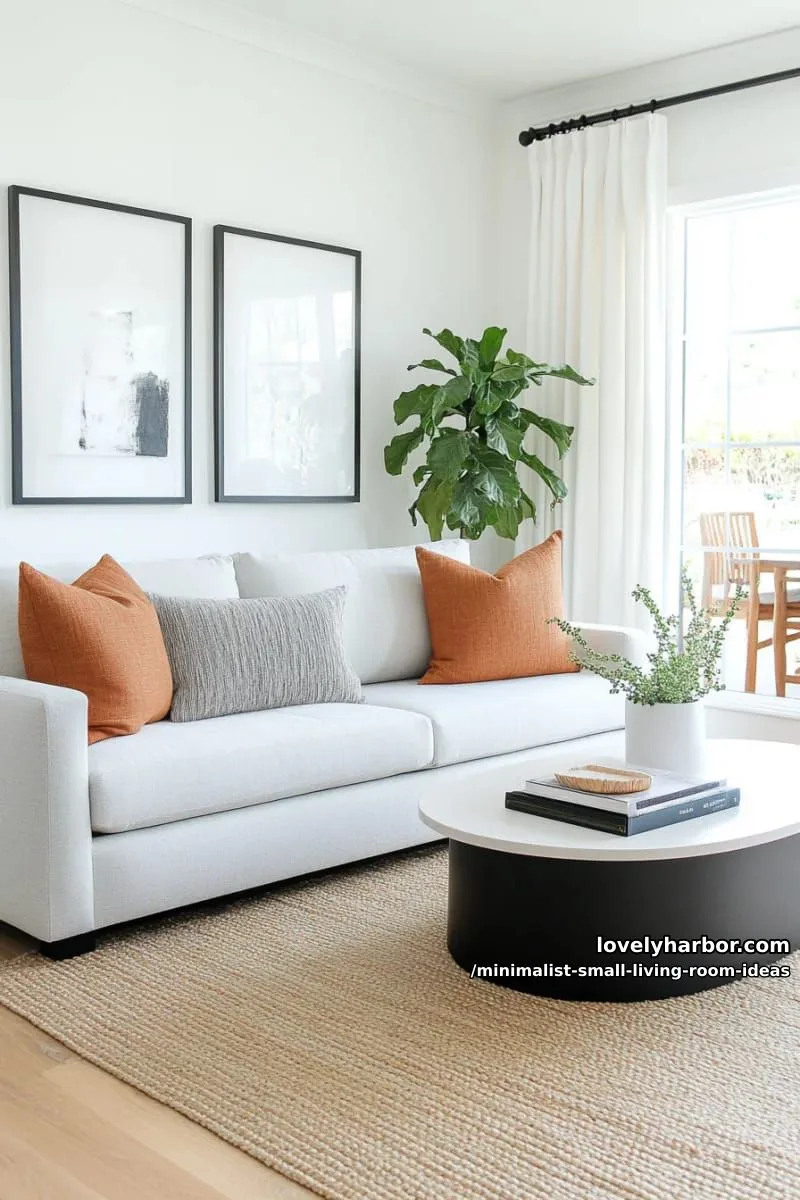 monochrome small space with pops of earthy terracotta cushions 1