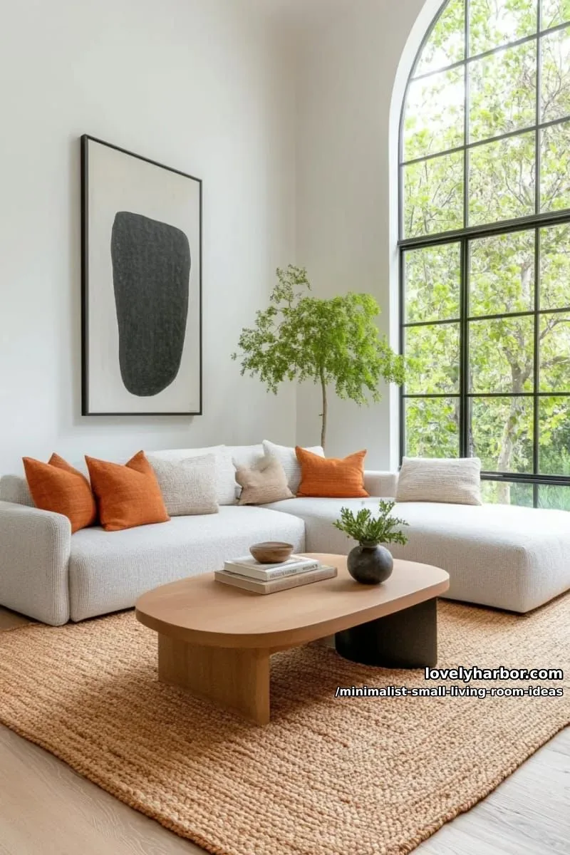 monochrome small space with pops of earthy terracotta cushions 1