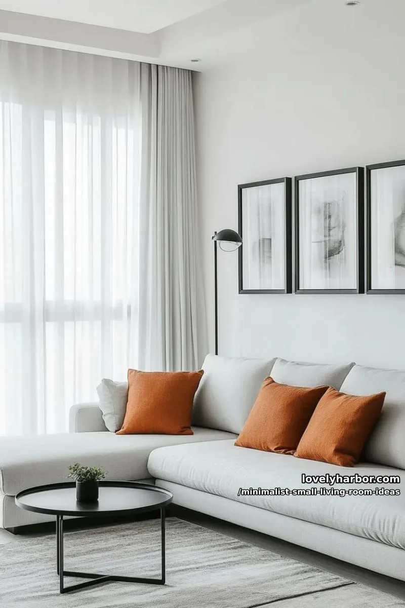 monochrome small space with pops of earthy terracotta cushions 1