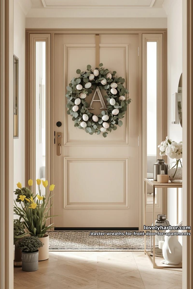 monogrammed wreath surrounded by tiny speckled eggs and greenery 1