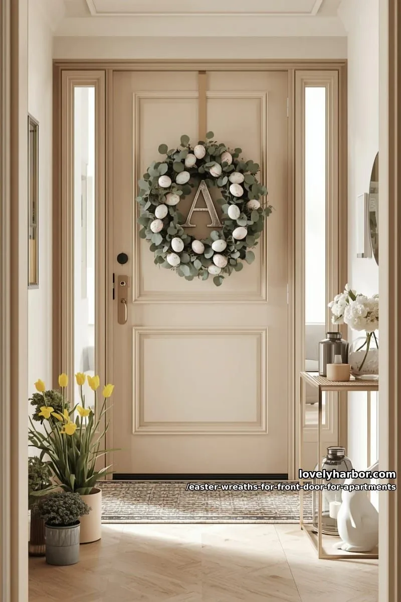 monogrammed wreath surrounded by tiny speckled eggs and greenery 1