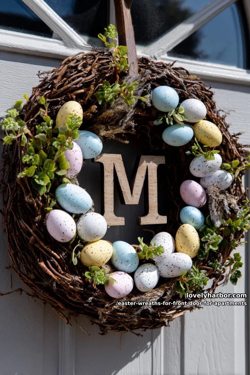 monogrammed wreath surrounded by tiny speckled eggs and greenery 1