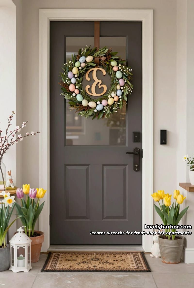 monogrammed wreath surrounded by tiny speckled eggs and greenery 1