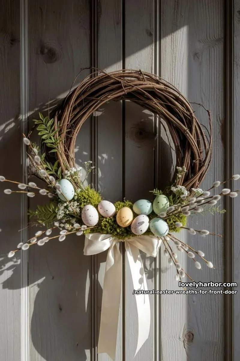 moss and willow branch wreath with pastel speckled eggs and white ribbon 1