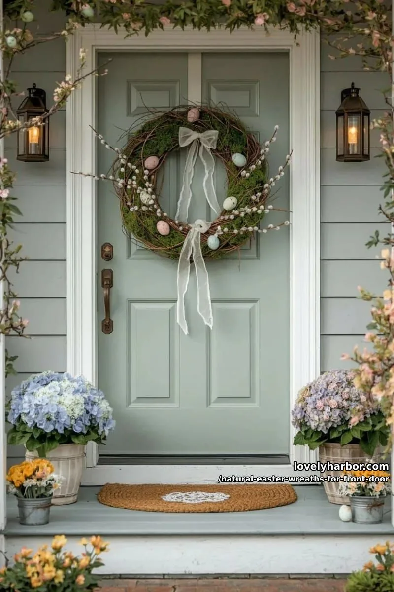 moss and willow branch wreath with pastel speckled eggs and white ribbon 1