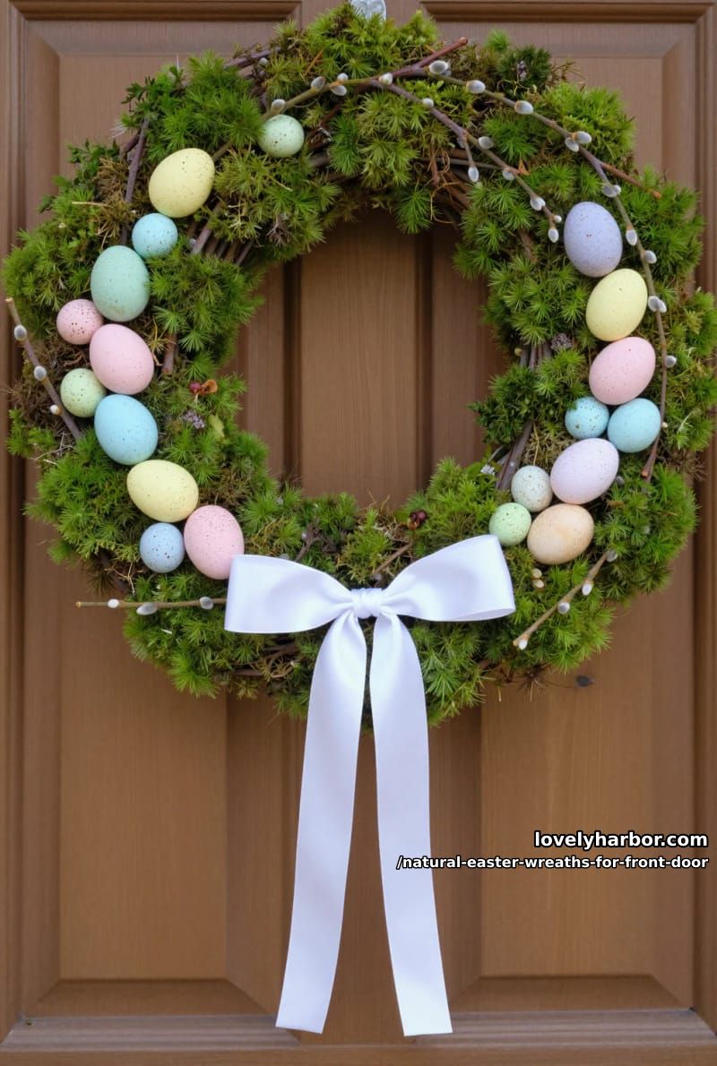 moss and willow branch wreath with pastel speckled eggs and white ribbon 1