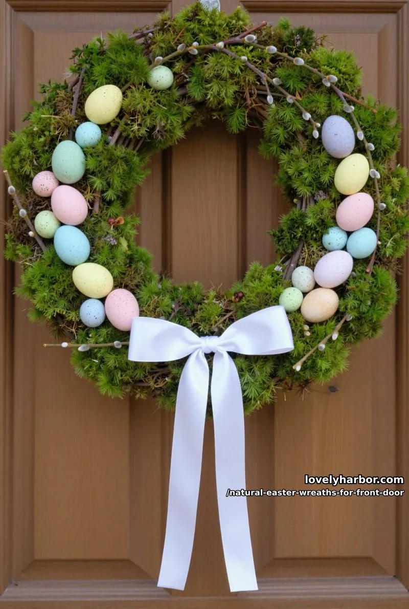 moss and willow branch wreath with pastel speckled eggs and white ribbon 1