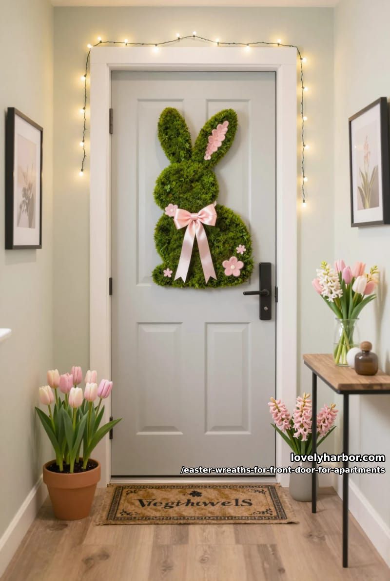 moss bunny silhouette wreath with pink felt floral details 1