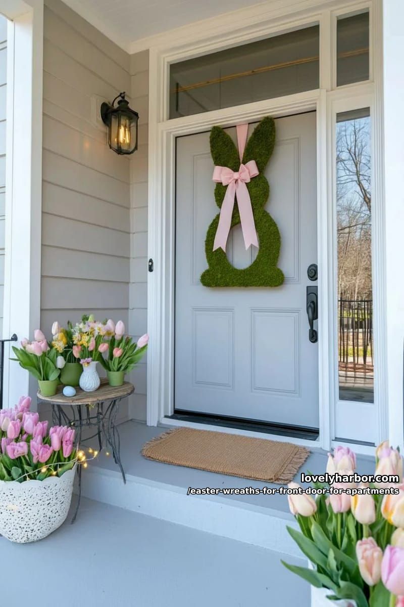 moss bunny silhouette wreath with pink felt floral details 1