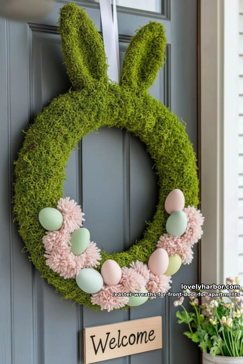 moss bunny silhouette wreath with pink felt floral details 1