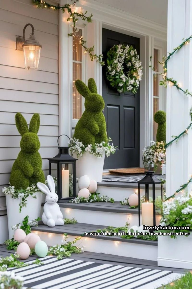moss bunny topiaries paired with lanterns and soft string lights 1