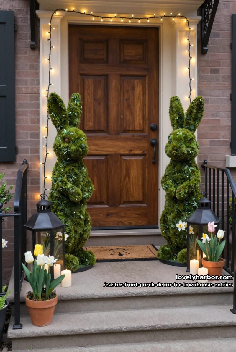 moss bunny topiaries paired with lanterns and soft string lights 1