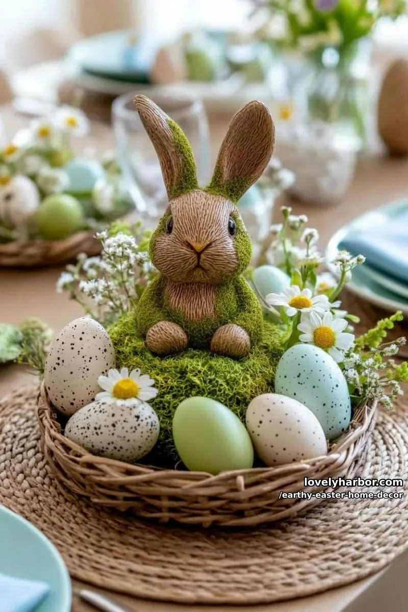 15 Earthy Easter Home Decor For A Nature-Friendly Seasonal Touch 2 moss-covered bunny centerpiece surrounded by speckled eggs and wildflowers 1