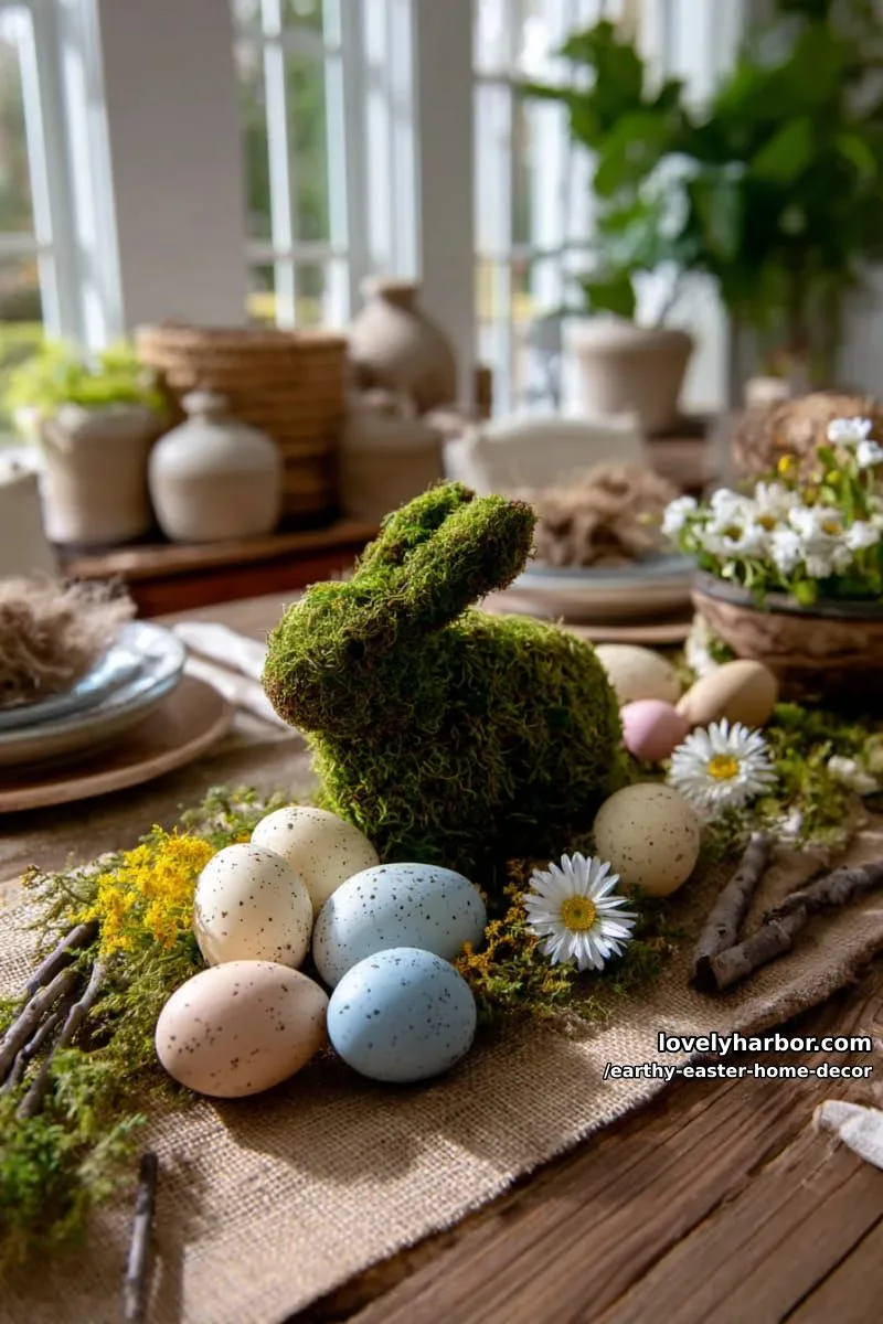 15 Earthy Easter Home Decor For A Nature-Friendly Seasonal Touch 3 moss-covered bunny centerpiece surrounded by speckled eggs and wildflowers 1