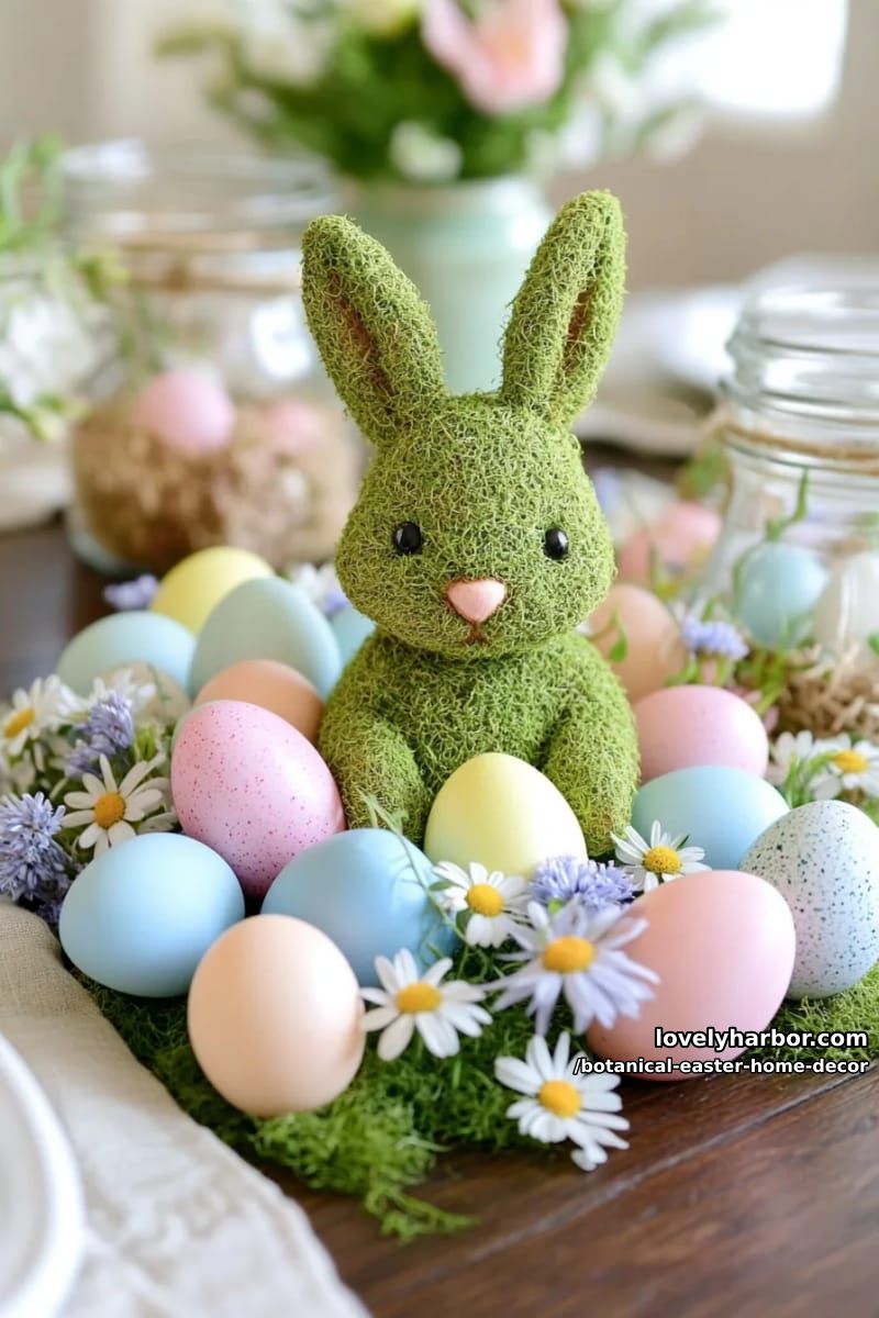 moss-covered bunny figurines surrounded by pastel eggs and blooming wildflowers 1