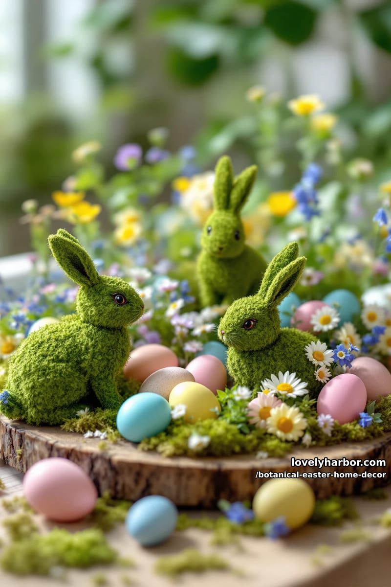 moss-covered bunny figurines surrounded by pastel eggs and blooming wildflowers 1