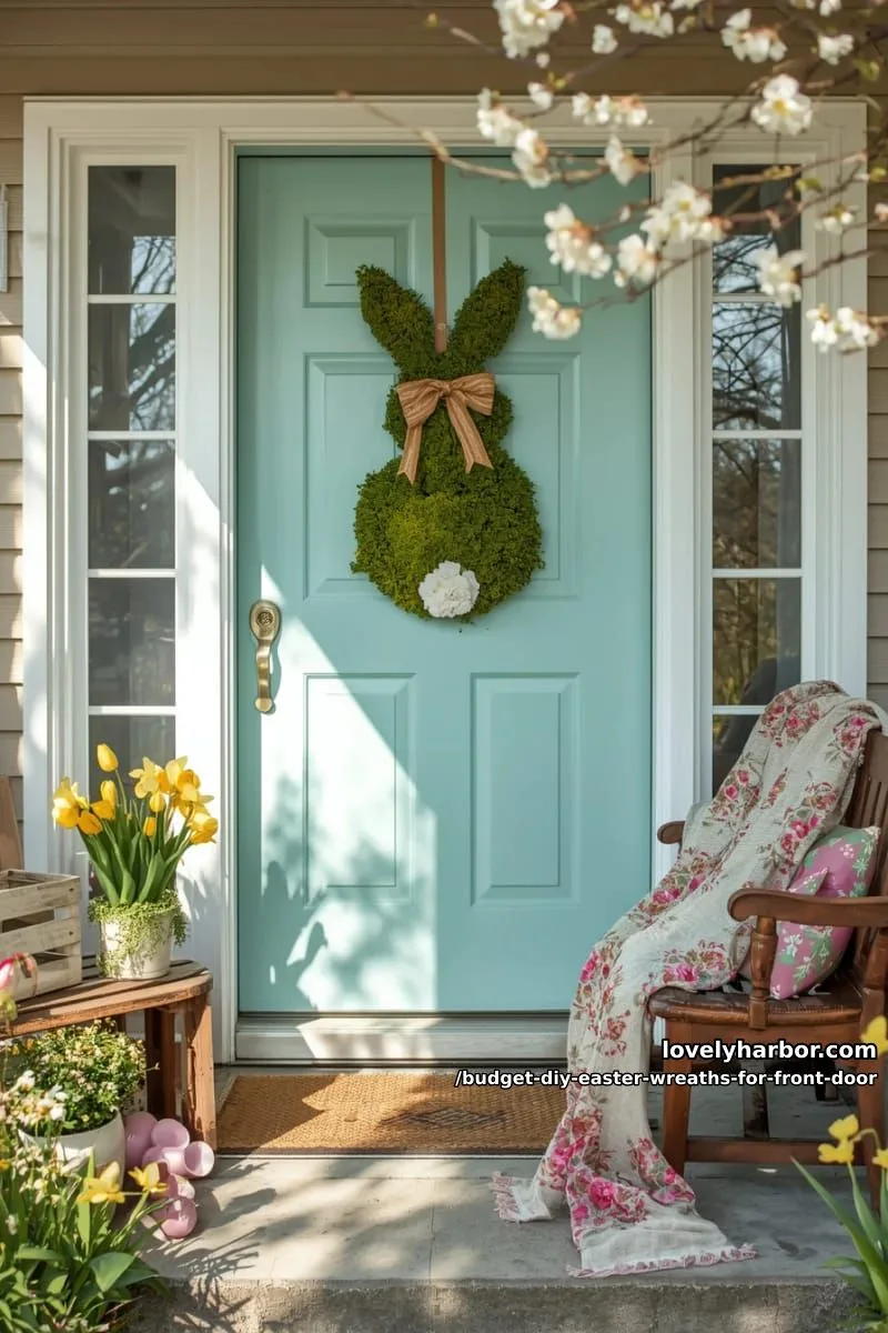 moss-covered bunny silhouette wreath using cardboard base and thrifted moss 1