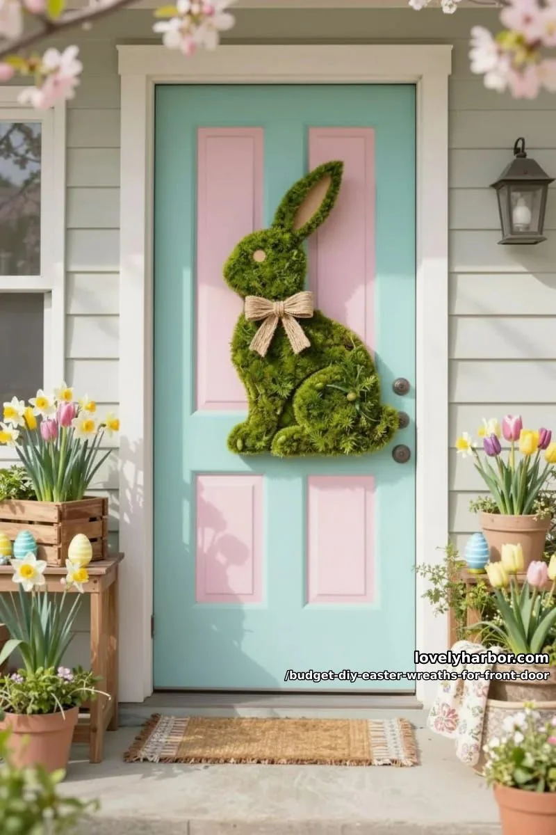 moss-covered bunny silhouette wreath using cardboard base and thrifted moss 1