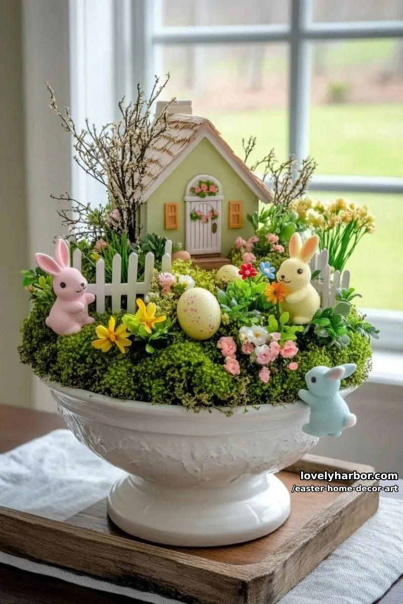 moss-covered fairy garden centerpiece featuring miniature easter cottages 1