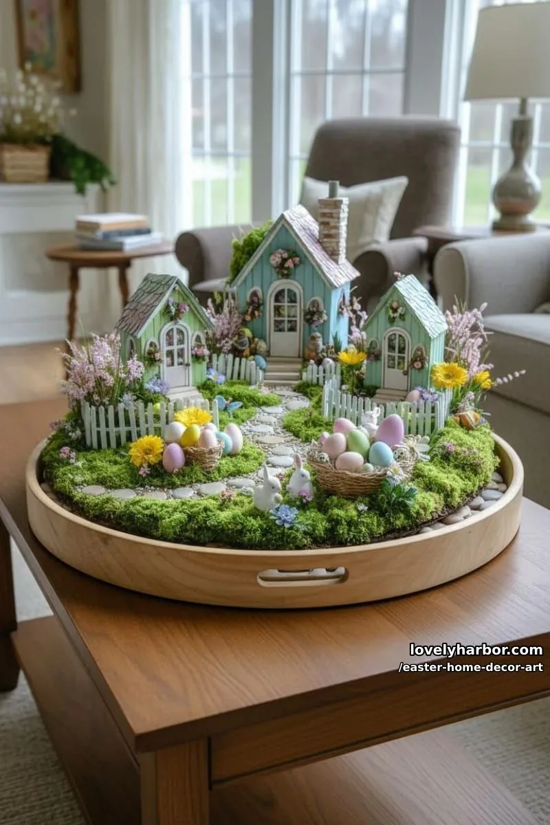 moss-covered fairy garden centerpiece featuring miniature easter cottages 1