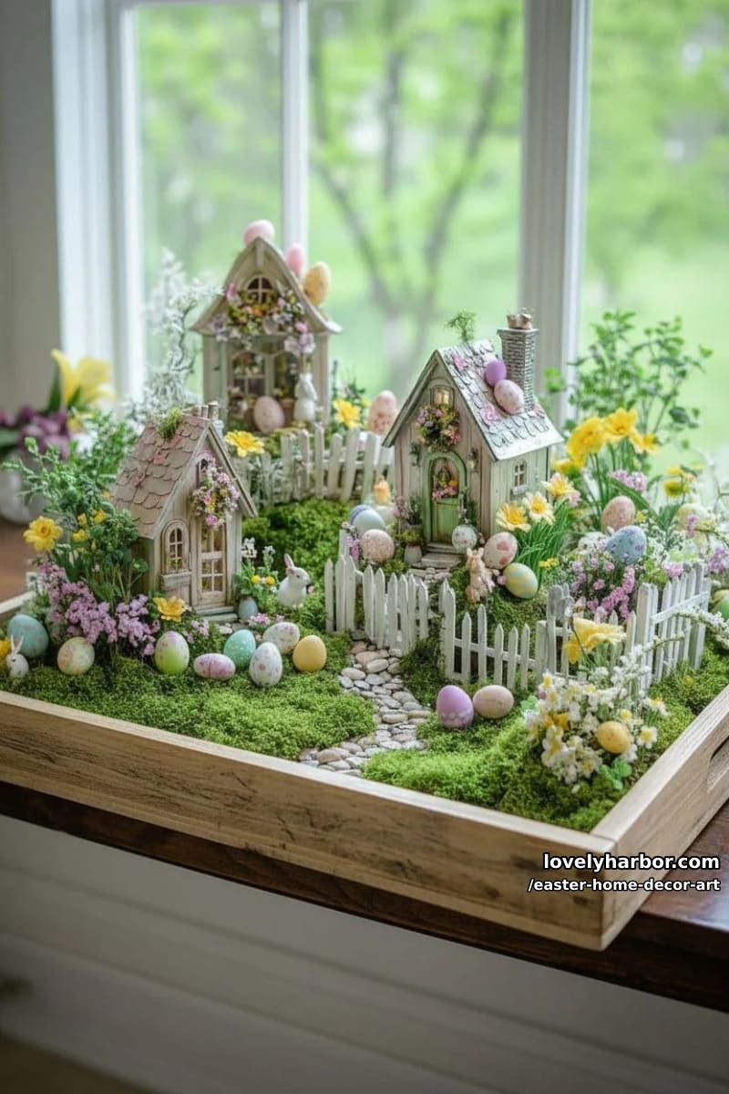 moss-covered fairy garden centerpiece featuring miniature easter cottages 1
