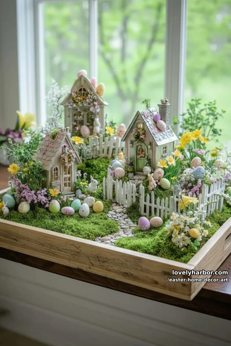 moss-covered fairy garden centerpiece featuring miniature easter cottages 1