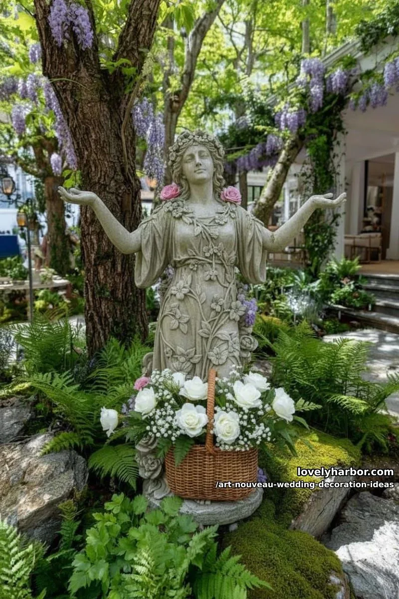 moss-covered garden statues draped in pastel climbing flowers 1