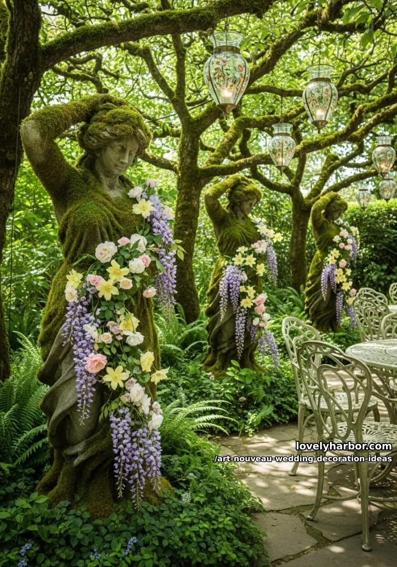 moss-covered garden statues draped in pastel climbing flowers 1