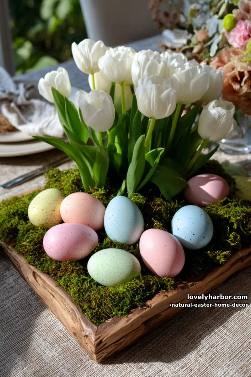 moss-filled wooden tray with pastel eggs and white tulips centerpiece 1