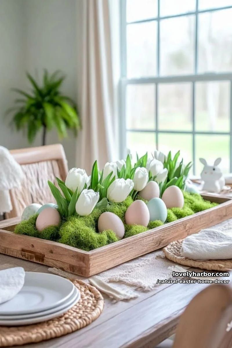 moss-filled wooden tray with pastel eggs and white tulips centerpiece 1