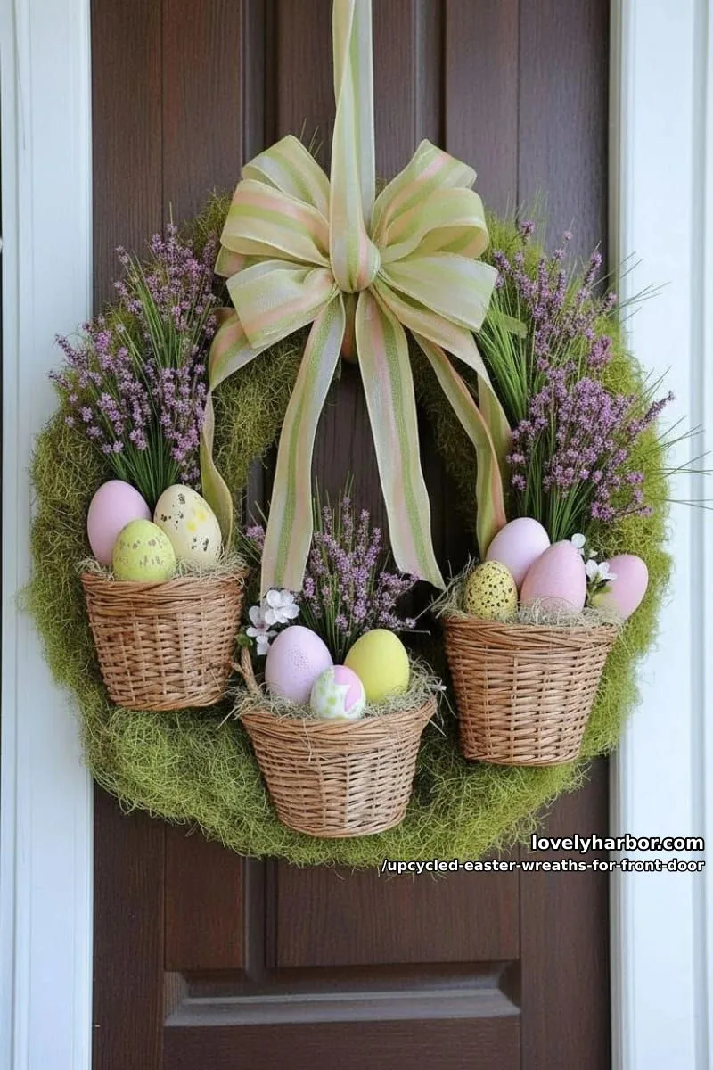 15 Upcycled Easter Wreaths For Front Door That Bring Colorful Spring Vibes 15 moss wreath featuring reclaimed plastic easter grass and mini upcycled baskets 1