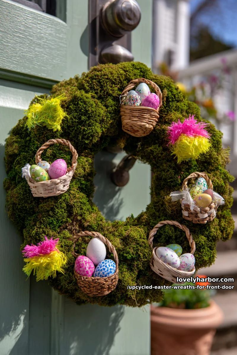 moss wreath featuring reclaimed plastic easter grass and mini upcycled baskets 1