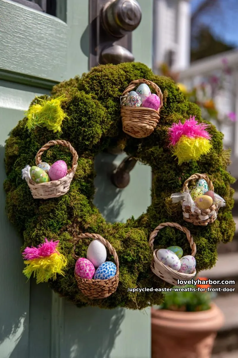 15 Upcycled Easter Wreaths For Front Door That Bring Colorful Spring Vibes 16 moss wreath featuring reclaimed plastic easter grass and mini upcycled baskets 1