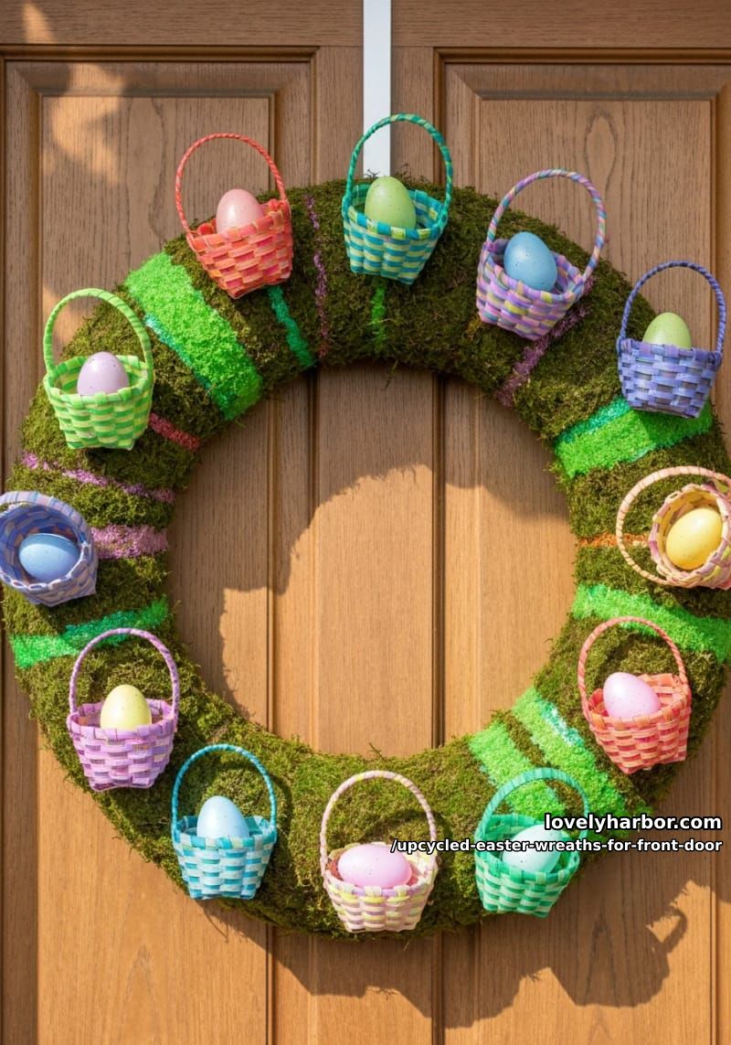 moss wreath featuring reclaimed plastic easter grass and mini upcycled baskets 1