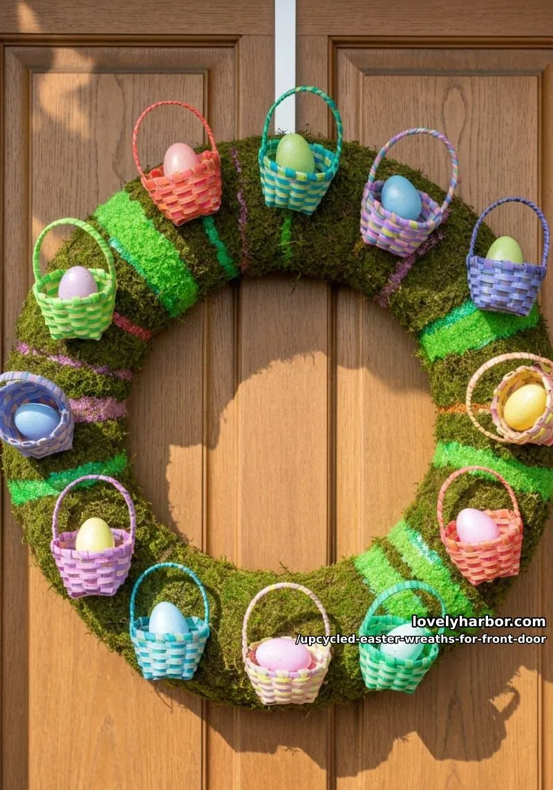 15 Upcycled Easter Wreaths For Front Door That Bring Colorful Spring Vibes 17 moss wreath featuring reclaimed plastic easter grass and mini upcycled baskets 1