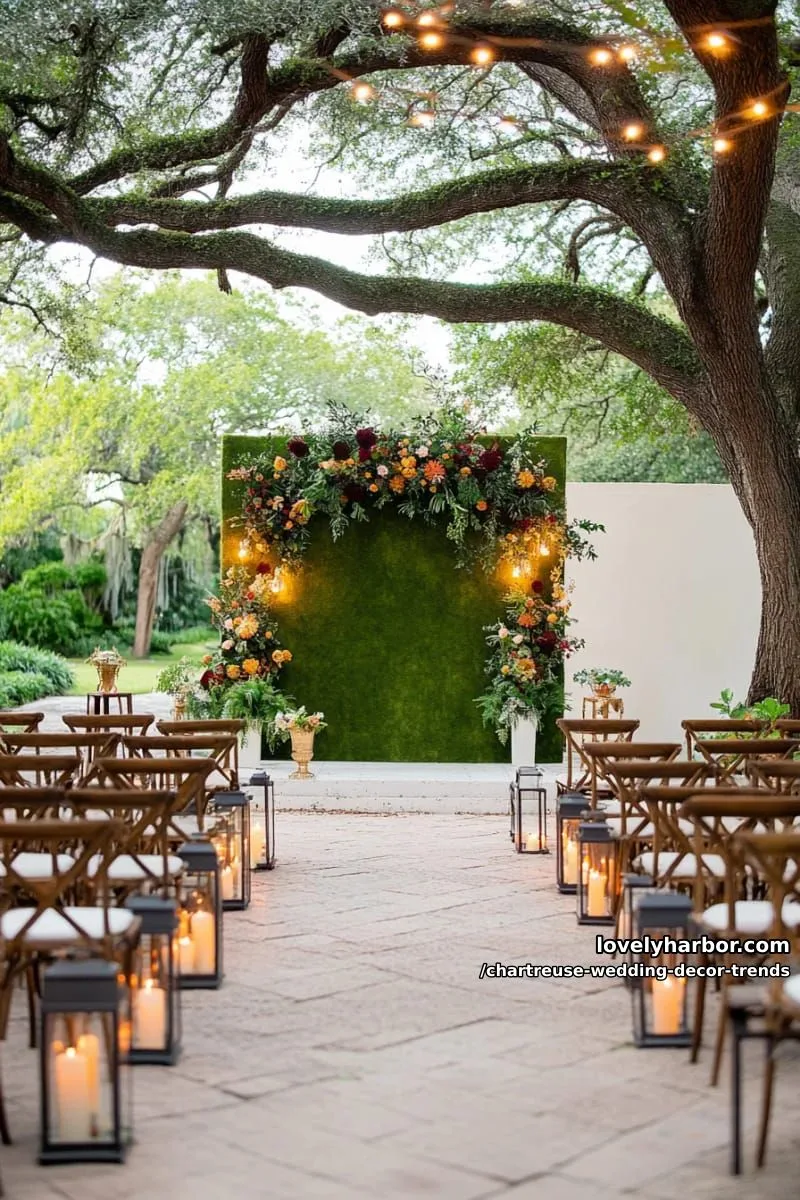 15 Chartreuse Wedding Decor Trends You Should Try 14 mossy chartreuse backdrop for a moody outdoor ceremony 1