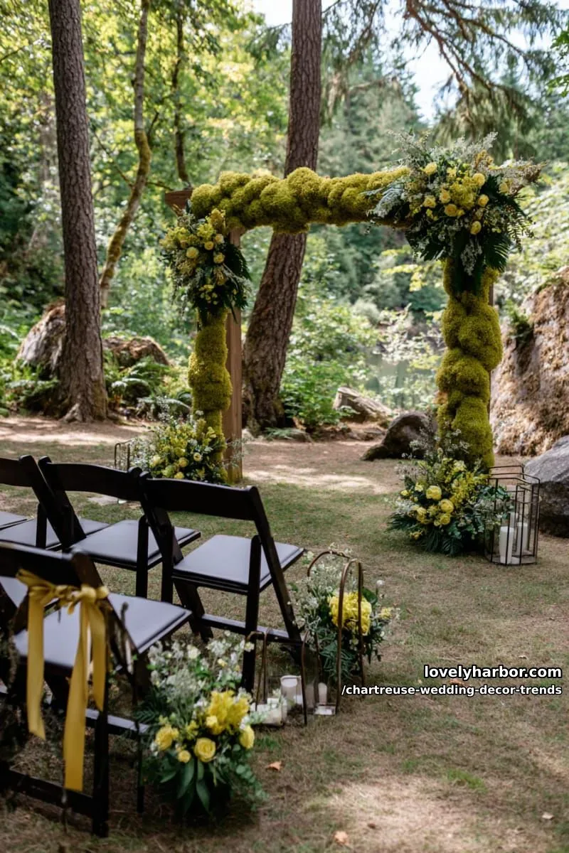 15 Chartreuse Wedding Decor Trends You Should Try 15 mossy chartreuse backdrop for a moody outdoor ceremony 1