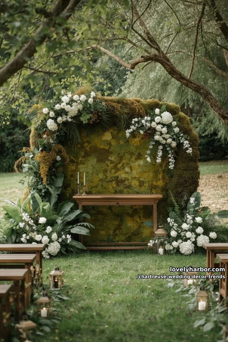 15 Chartreuse Wedding Decor Trends You Should Try 16 mossy chartreuse backdrop for a moody outdoor ceremony 1