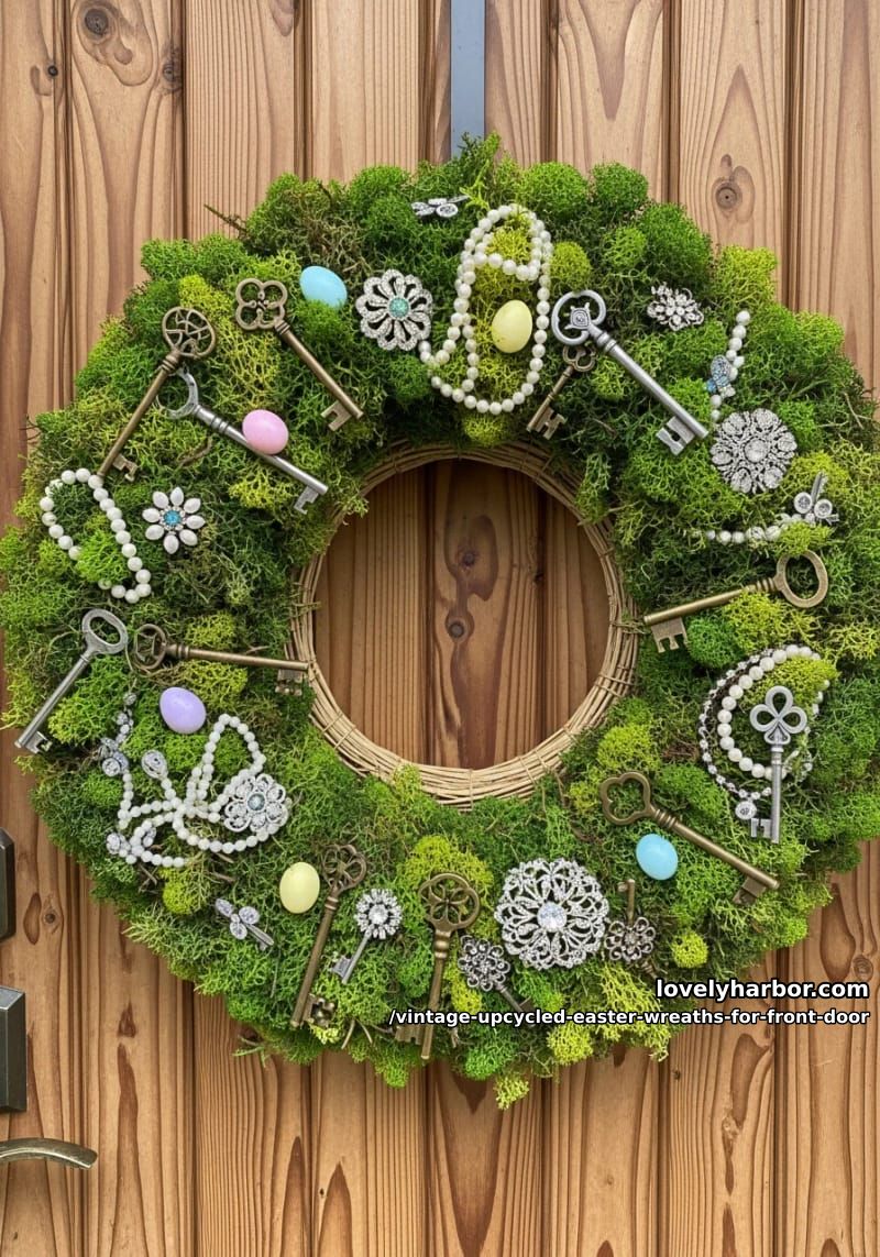 mossy wreath with antique keys, upcycled jewelry, and pastel-tinted mini eggs 1