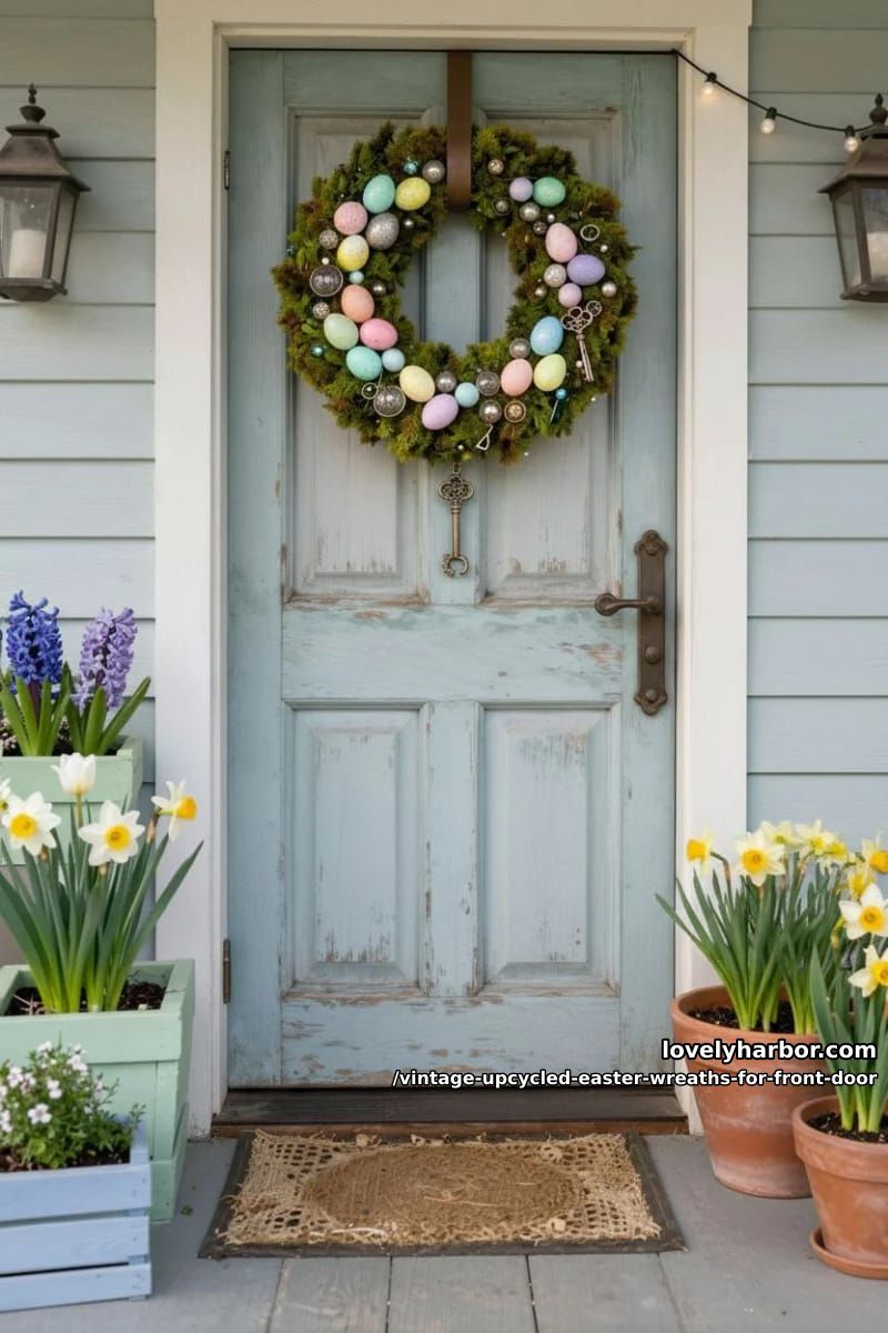 mossy wreath with antique keys, upcycled jewelry, and pastel-tinted mini eggs 1