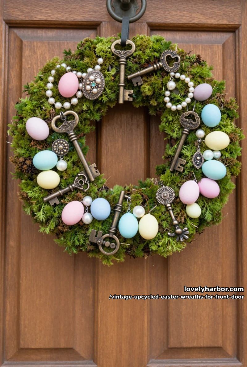 mossy wreath with antique keys, upcycled jewelry, and pastel-tinted mini eggs 1
