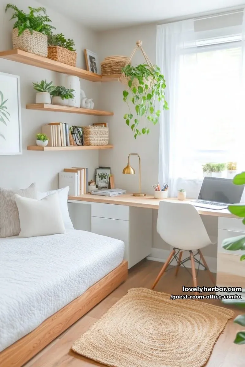 multipurpose room with bed, built-in shelving, cat tree, and home office. 1