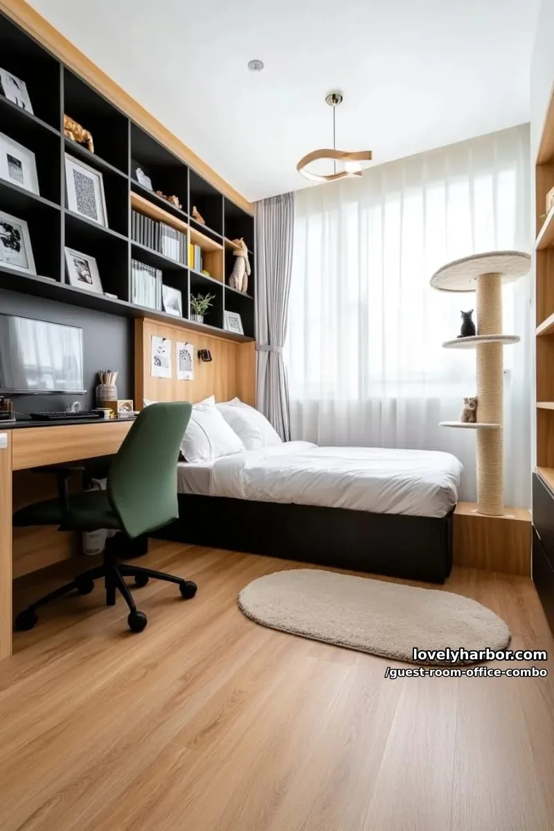multipurpose room with bed, built-in shelving, cat tree, and home office. 1