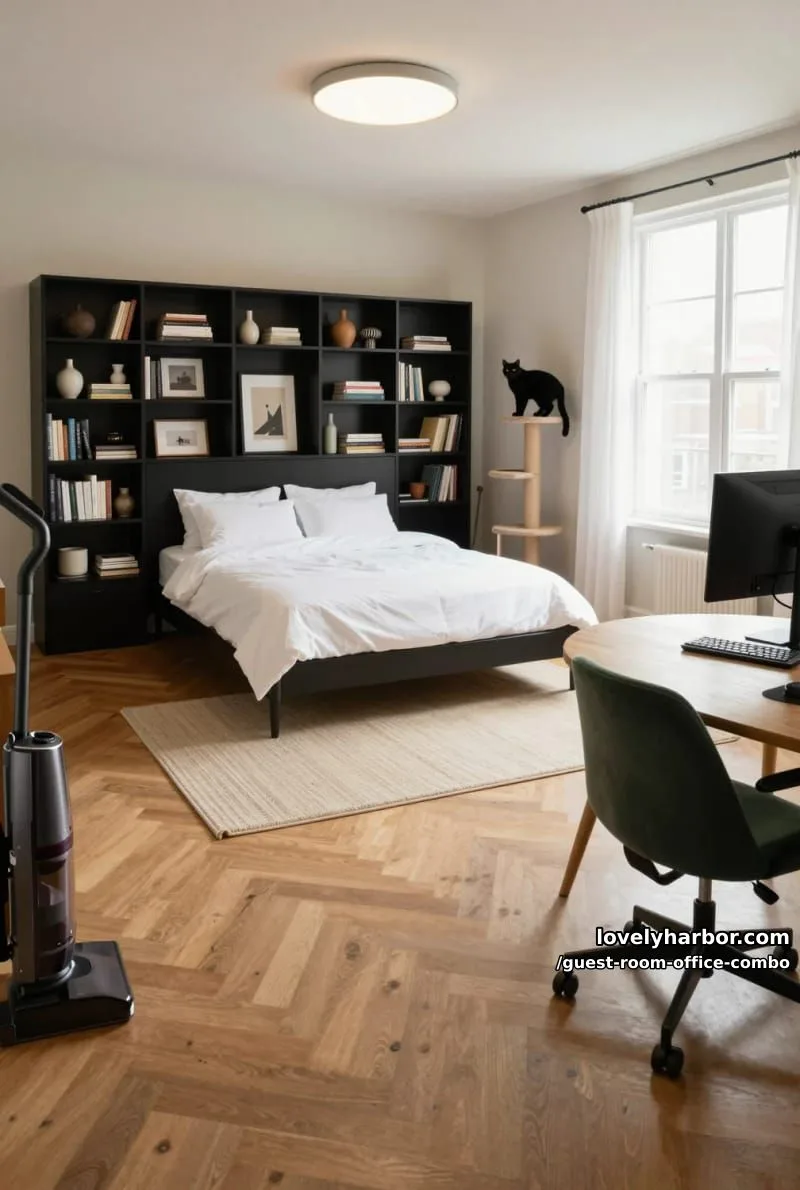 multipurpose room with bed, built-in shelving, cat tree, and home office. 1