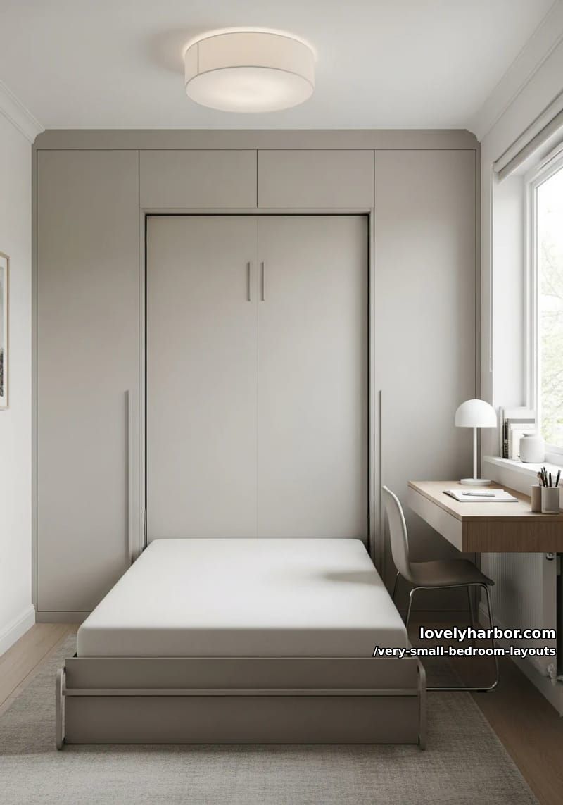 murphy bed flanked by built-in wardrobes and sleek floating desk. 1
