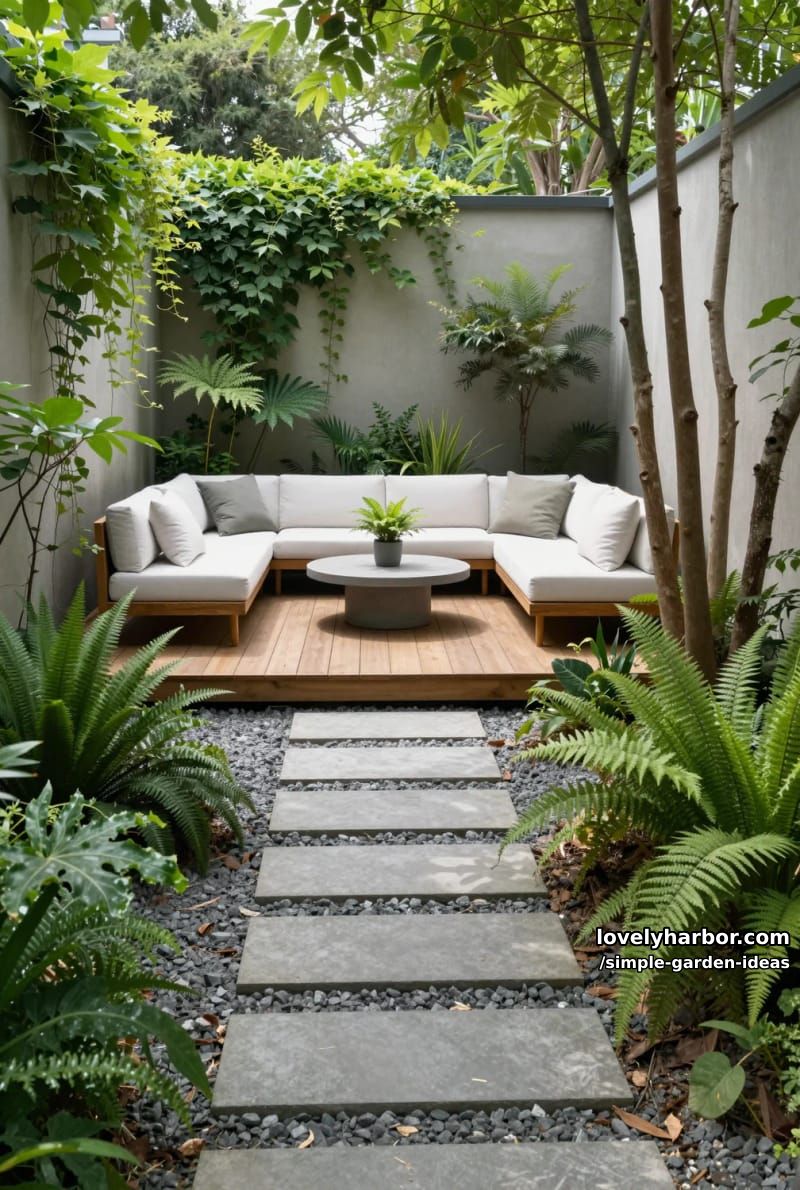 narrow garden with deck, l-shaped sofa, and stone pathway 1